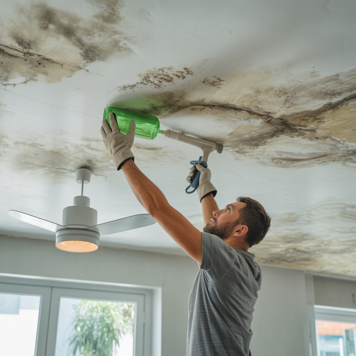 Man spraying cleaning solution onto a mould-covered ceiling in a Sydney home — how to remove mould from ceilings — Candid Cleaners