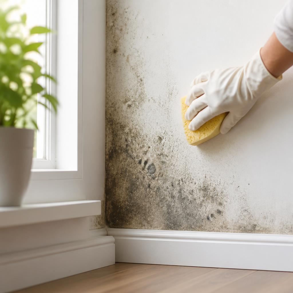 Gloved hand scrubbing mould from a wall with a sponge in a Sydney home — how to remove mould from walls safely — Candid Cleaners