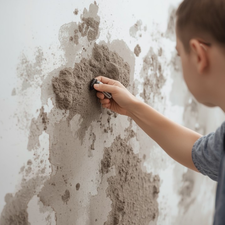 Person scrubbing heavy mould growth from a wall with a brush — mould treatment options explained including DIY sprays and professional remediation by Candid Cleaners Sydney