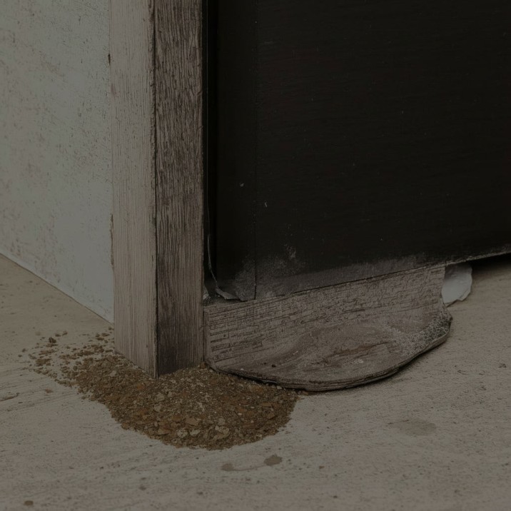 What to do after water damage — deteriorated door frame and debris on a concrete floor showing structural water damage in a Sydney property