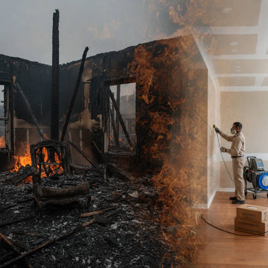 What to do after a house fire — before and after split image showing a burned, charred room transitioning into a fully restored space in Sydney