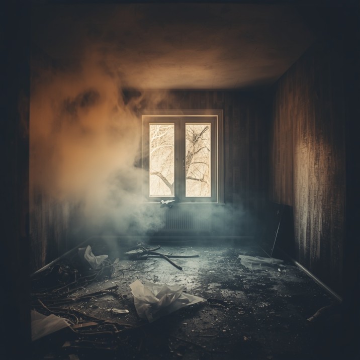 How long does smoke smell last in a house — smoke-damaged room with soot residue on walls and ceiling in a Sydney property