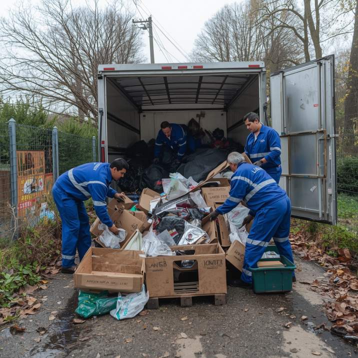 Rubbish removal cost Sydney. Professional rubbish removal truck being loaded with household furniture and general waste outside a Sydney property