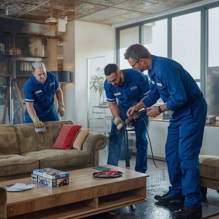 Can Smoke-Damaged Items Be Restored, soot-covered furniture and belongings in a Sydney home after a fire awaiting professional assessment by Candid Cleaners