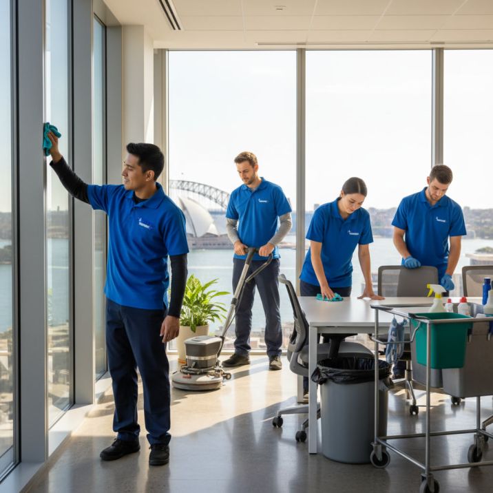 Commercial cleaning cost Sydney, professional candid cleaners team servicing a Sydney CBD commercial office building