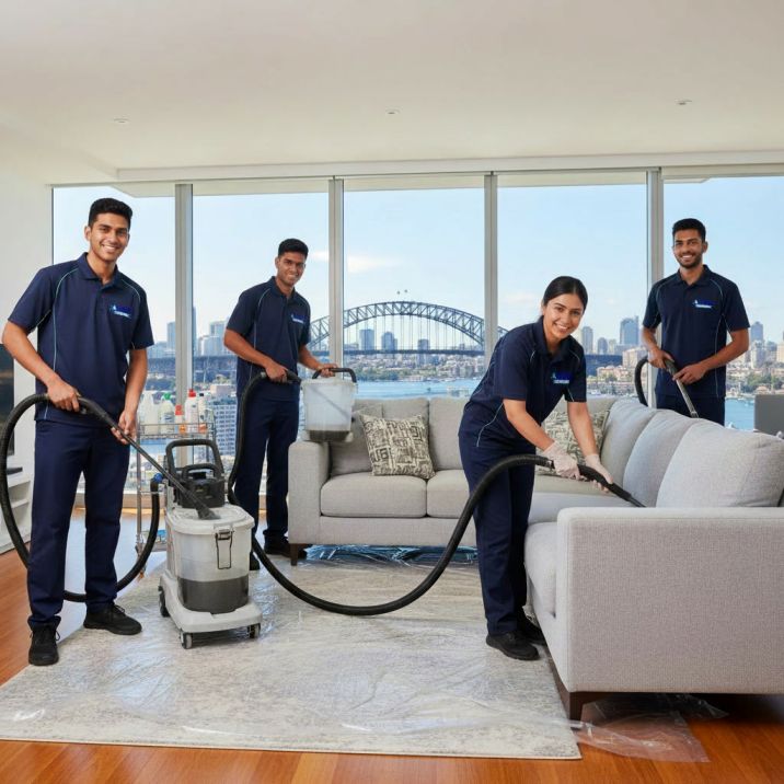 Upholstery cleaning cost Sydney. Professional candid cleaners upholstery cleaning team using extraction equipment on a fabric sofa with price guide overlay